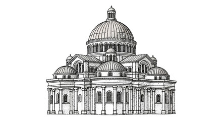 Detailed Architectural Sketch of a Grand Domed Building with Columns.