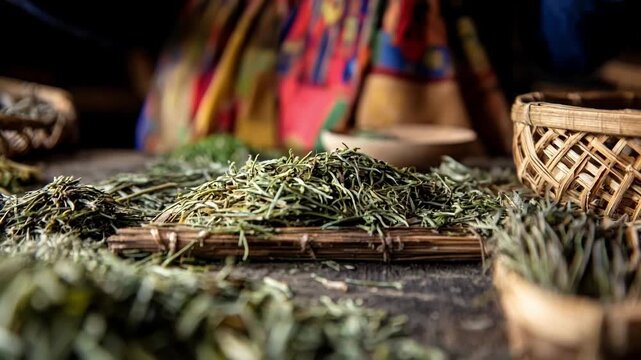 Closeup of hands manually stemming small batches of herbs using traditional artisanal techniques highlighting careful and precise craftsmanship.
