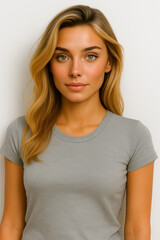 Fototapeta premium Natural portrait of a young blonde woman in a gray shirt against a clean light background for beauty lifestyle wellness confidence casual fashion and modern personal branding and fresh studio style
