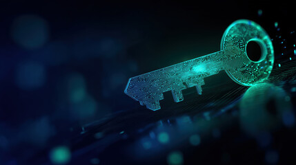 glowing, futuristic key rendered in digital particles symbolizes access, data protection, and the core concept of cybersecurity in a virtual environment