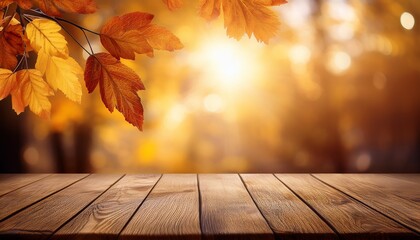 Wooden Table With Autumn Leaves And Sunny Bokeh Background