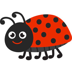Cute cartoon ladybug insect with black spots on red shell and smiling face on transparent background