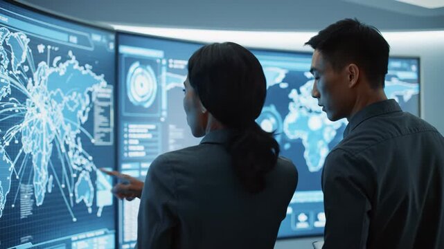 Diverse male & female professionals in sleek business-casual, analyzing glowing network maps on a curved screen in a futuristic security operations center with blurred high-tech background, paramount