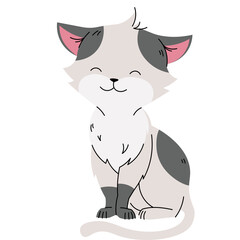 Cute cartoon cat with grey and white fur sitting happily with eyes closed and a soft smile on a transparent background
