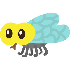 Cute cartoon fly with big yellow eyes and light blue wings on a white background