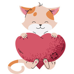 Cute cartoon ginger and white cat holding a large pink textured heart with a patch detail on the right side in a whimsical flat illustration style with a transparent background
