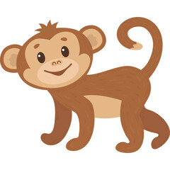Cute Cartoon Brown Monkey Smiling Standing On Transparent Background With Curled Tail And Big Ears Adorable Primate Wildlife Creature