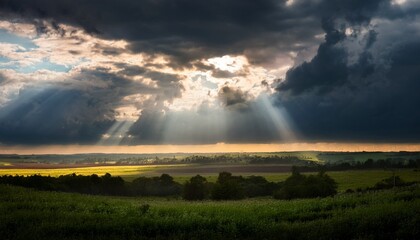 Fototapeta premium A Dramatic Sky Filled With Dark Clouds And Rays Of Sunlight Breaking Through Illuminating The Landscape Below