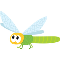Cute Cartoon Dragonfly With Big Eyes And Translucent Wings In Green And Yellow With A White Background