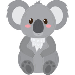 Cute Cartoon Gray Koala Sitting With Pink Cheeks And Dark Eyes Against A White Background