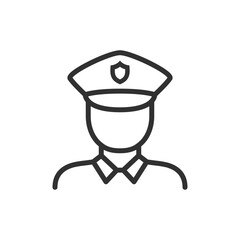 Security guard, linear icon. Police officer or protection service. Line with editable stroke.