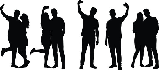 Silhouette people taking selfies, friends posing smartphone, modern social media lifestyle, group fun photography, casual playful interaction, technology connection
