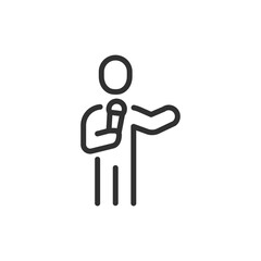 Person with microphone, linear icon. Public speaking and presentation. Line with editable stroke.