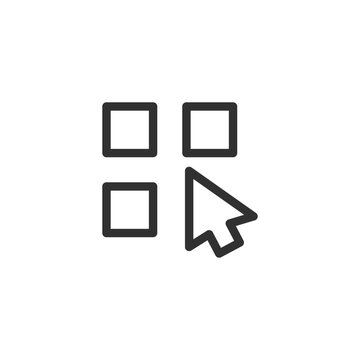 Cursor on grid, linear icon. Multiple selection and object choice. Line with editable stroke.