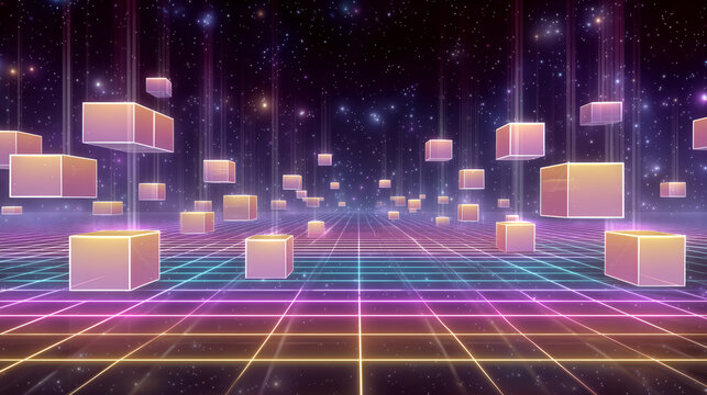 浮かぶ立方体とグリッド床が広がる近未来のデジタル空間