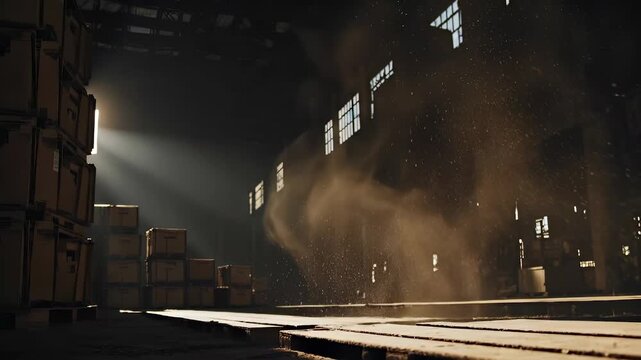 In the spacious warehouse, beams of light shine through the windows, illuminating the dusty air. Stacks of boxes sit quietly in the shadows, forming a systematic arrangement in the