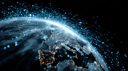 Digital globe with data connections around Earth, floating particles