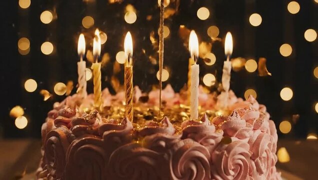 Sparkling Celebration: Cake Candles Burning Against Bokeh Background