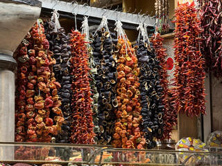 Hanging dried vegetables and peppers for sale at the Grand Bazaar market