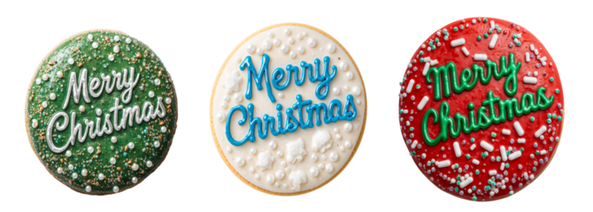 Delicious round cookies with the inscription Merry Christmas on a transparent background