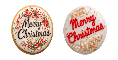 Delicious round cookies with the inscription Merry Christmas on a transparent background