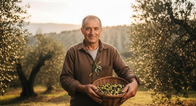 A Smiling Man Holds a Basket Full of Freshly Harvested Olives in Olive Grove