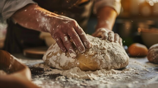 H&auml;nde kneten Sauerteig-Brotteig auf bemehlter Oberfl&auml;che &ndash; Fokus auf Textur und rustikale Zubereitung bei warmem K&uuml;chenlicht