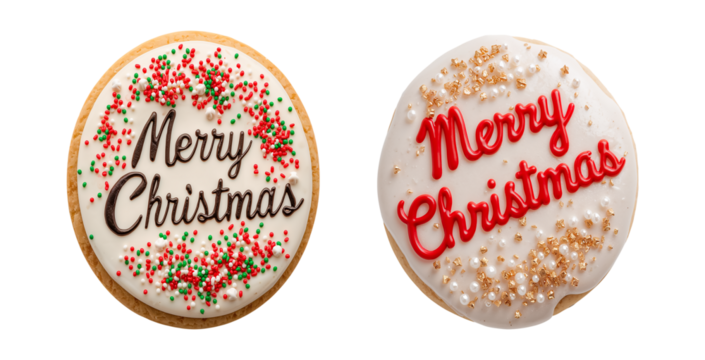 Delicious round cookies with the inscription Merry Christmas on a transparent background