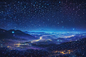 Digital Night Sky over Futuristic Landscape. Generative AI.