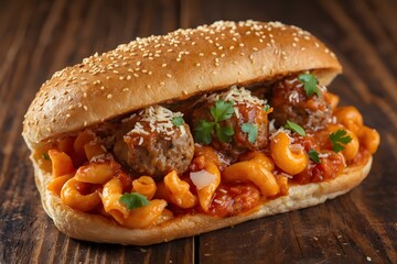 A burger bun filled with meatballs, pasta, sauce, and cheese.
