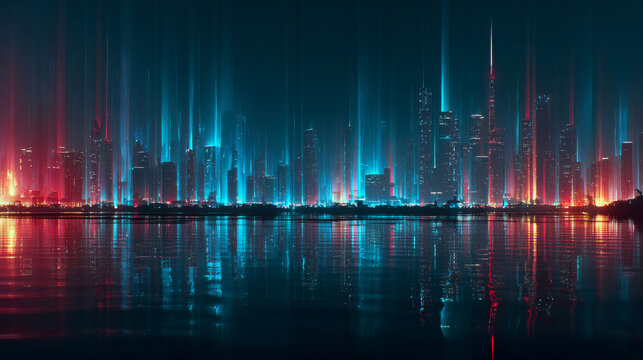 Futuristic smart city skyline at night with neon lights, holographic data streams