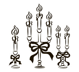 Vector illustration of an elegant candle holder adorned with decorative ribbons. The intricate design features tall, stylized candles, capturing a sophisticated aesthetic.