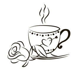 Vector illustration of a steaming coffee cup adorned with a heart design and an arrow, paired with a rose. Perfect for Valentine s and romantic-themed projects, combining warmth and love.