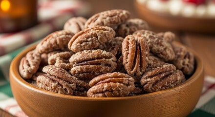 A Decadent Pile Of Candied Pecans In A Wooden Bowl For A Sweet Snack