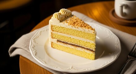 A Decadent Slice Of Cake Beside A Cup Of Coffee On A Warm, Wooden Table