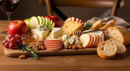 A Decadent Spread Of Appetizers Showcasing Cheese, Fruits, Bread, and Wine For A Feast