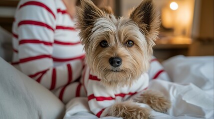 Dog wearing matching candy-cane striped pajamas alongside the owner, emotion of delight and humor visible, symbolizing playful Christmas dressing, coordinated holiday outfits, and pet-friendly