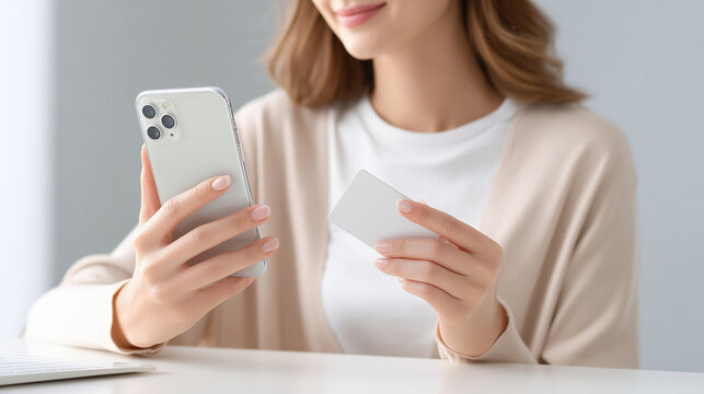 スマートフォンとクレジットカードでキャッシュレス決済をする女性
