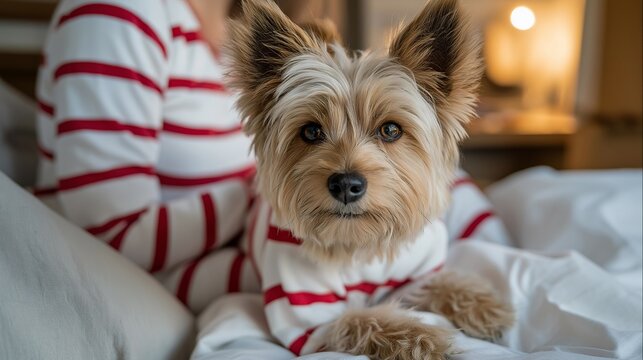 Dog wearing matching candy-cane striped pajamas alongside the owner, emotion of delight and humor visible, symbolizing playful Christmas dressing, coordinated holiday outfits, and pet-friendly