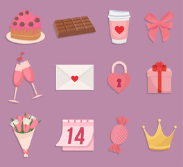 Cute pink Valentine's day elements gift tulip bouquet bow champagne heart cake lock chocolate