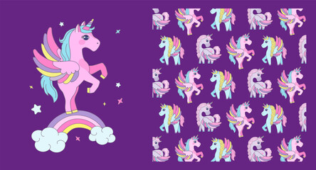 Colorful unicorn pattern featuring a playful unicorn with wings on a rainbow. Includes multiple unicorn variations on a purple background. Ideal vector illustration for whimsical designs.