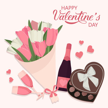 Happy Valentine's day card with tulips bouquet chocolate box chamagne glasses romantic atmosphere