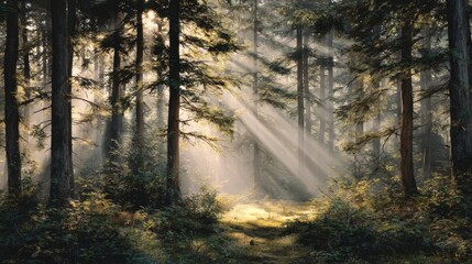 cinematic forest in early morning light, Sunbeams pierce through tall trees, calm peaceful atmosphere. Mist between trunks, golden light, soft focus