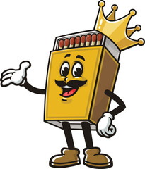 Matchstick box king mascot cartoon wearing a crown