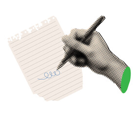 Hand writes on notebook sheet in trendy retro halftone style