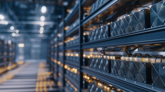 Crypto miners observing large arrays of high-tech mining rigs in a smart facility, emotion of focus and anticipation visible, symbolizing blockchain verification, AI-assisted mining efficiency, and