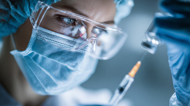 In a sterile clinical environment, a healthcare professional carefully fills a syringe with a vaccine, ensuring every safety protocol is met - Powered by Adobe