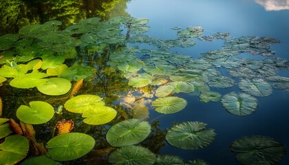Fototapeta premium Peaceful Reflection Of Greenery On Calm Pond Surrounded By Lush Lily Leaves And Vibrant Nature
