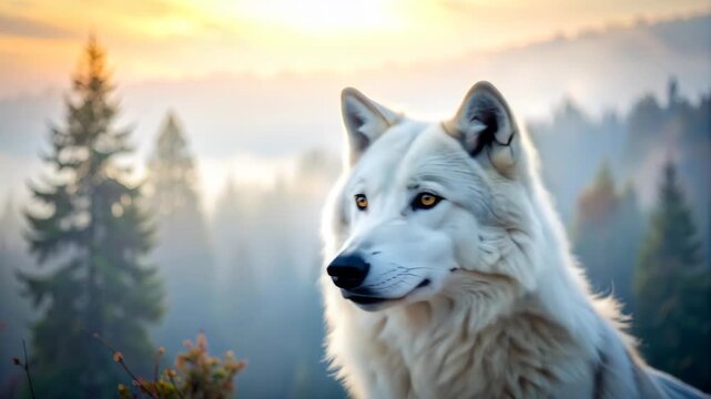 Majestic Arctic Wolf in Misty Forest Sunrise.