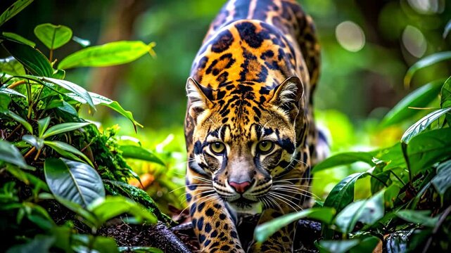 Clouded Leopard Stalking Through Lush Green Jungle Environment.